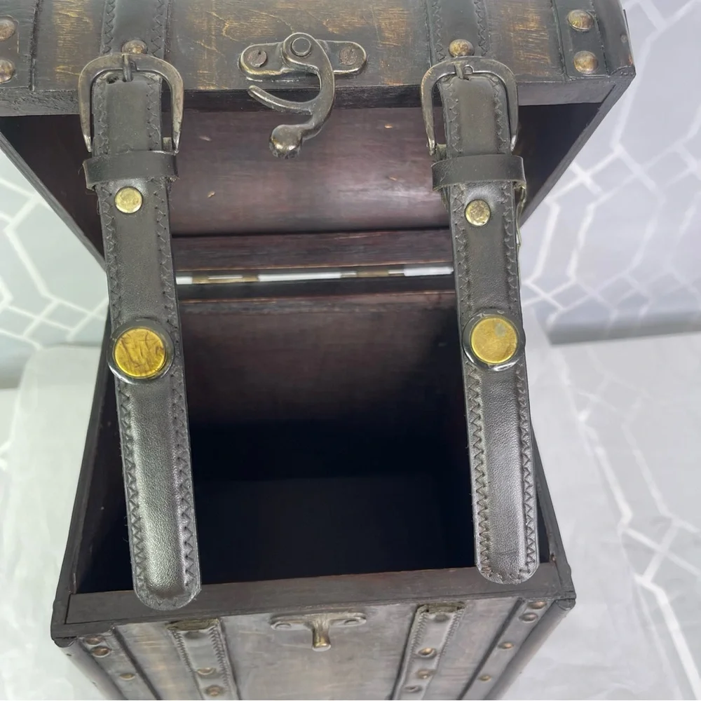 Vintage Style Wooden Wine Carrier Trunk Tooled Leather Straps Large Gift Box